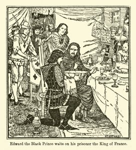 Edward de Zwarte Prins bedient zijn gevangene de Koning van Frankrijk door Henry Justice Ford